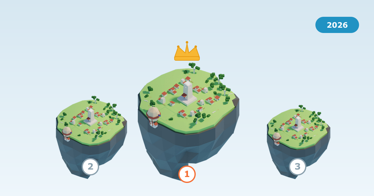 Îles volantes classées sur un podium des vainqueurs avec un badge 2026, représentant les meilleurs jeux de stratégie navigateur asynchrones de 2026